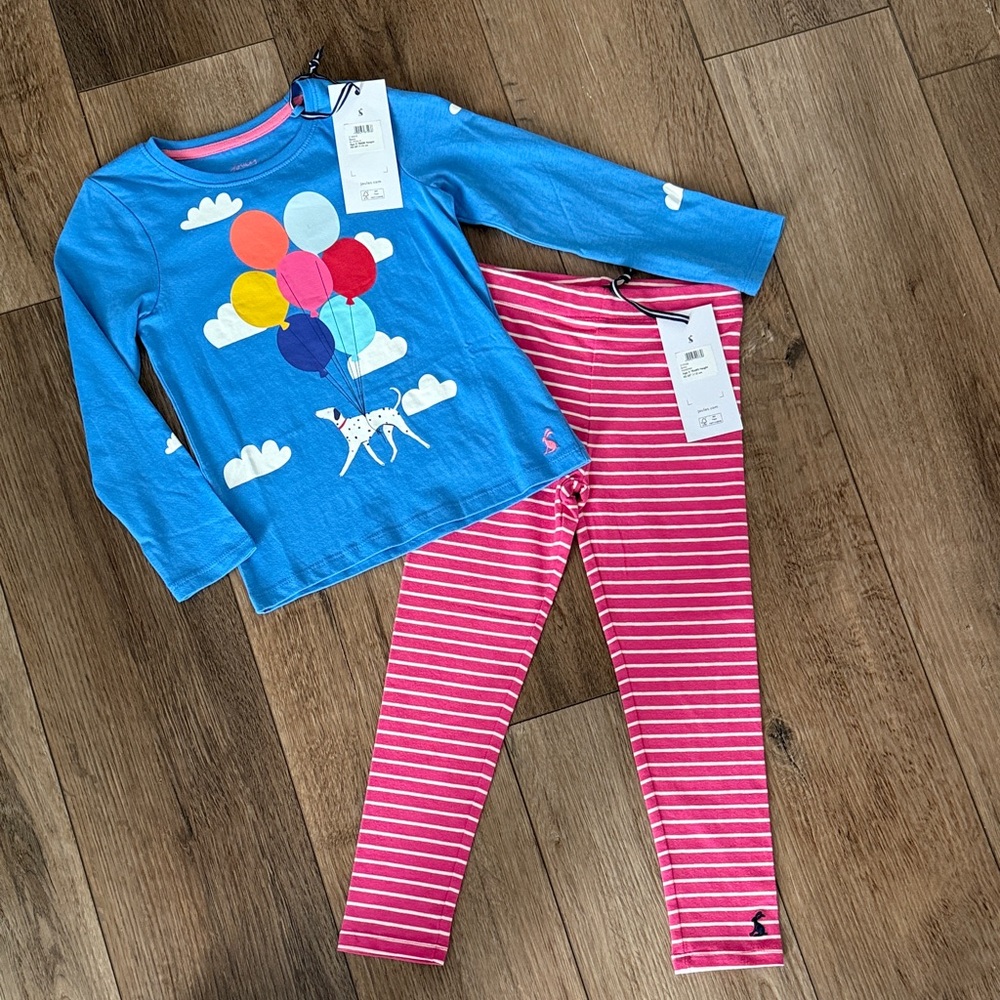 Joules Blue Dalmatian & Balloons Top & Pink Striped Leggings Set - size 5